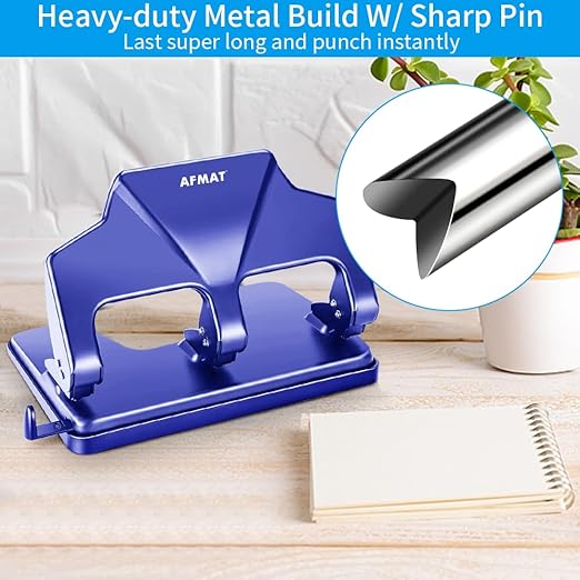 Heavy Duty 3 Hole Punch, 40-Sheet Heavy Duty Paper Punch, 50% Reduced Effort 3-Hole Punch, AFMAT Metal Hole Puncher 3 Ring, Three-Hole Paper Puncher w/Large Chip Tray for Classroom, Office, Blue-DeskLoop Office