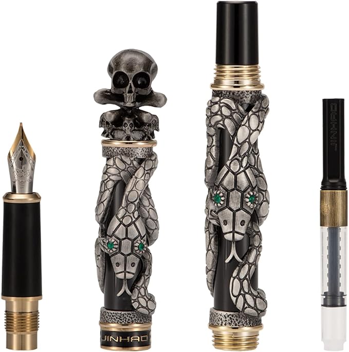 Jinhao Black Snake Fountain Pen Medium Nib Retro Style with Skull Head Solid Metal and Paper Pen Case Set-DeskLoop Office