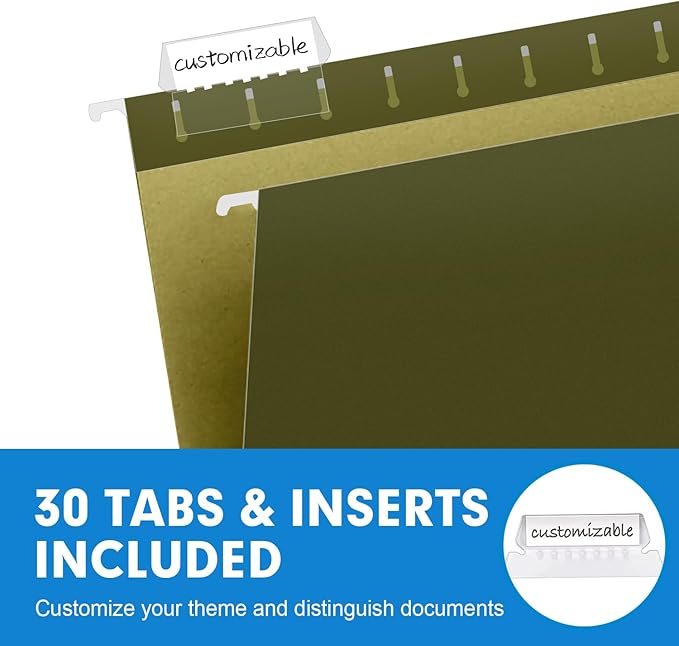 Hanging File Folders, RAZCC 30 Pack Reinforced Hanging Folders Letter Size, Designed for Bulky Files, Filing Cabinet, Adjustable Tabs, Green-DeskLoop Office
