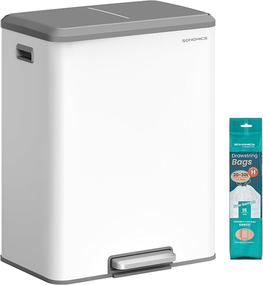 SONGMICS Trash Can, 2 x 8 Gallon (2 x 30 L) Double Garabge Can for Recycling and Waste, Stainless Steel, Soft-Close Lid, Inner Buckets, Wide Sturdy Pedal, Cloud White ULTB556W01-DeskLoop Office