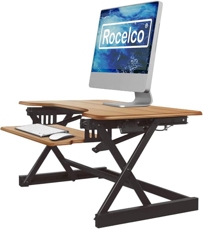 Rocelco 32" Height Adjustable Standing Desk Converter - Sit Stand Computer Workstation Riser - Dual Monitor Retractable Keyboard Tray Gas Spring Assist - Teak Wood Grain (R EADRT)-DeskLoop Office