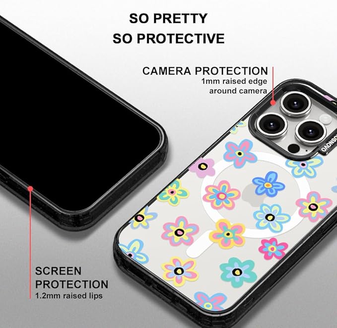 MOSNOVO Magnetic Case for iPhone 15 Pro, 10ft Military-Grade Protection, Compatible with Magsafe, Shockproof Phone Case for iPhone 15 Pro - Groovy Flower - Clear Black-DeskLoop Office