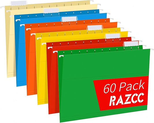 Hanging File Folders, RAZCC 60 Pack Reinforced Hanging Folders Letter Size, Designed for Bulky Files, Filing Cabinet, Adjustable Tabs, Assorted Colors-DeskLoop Office