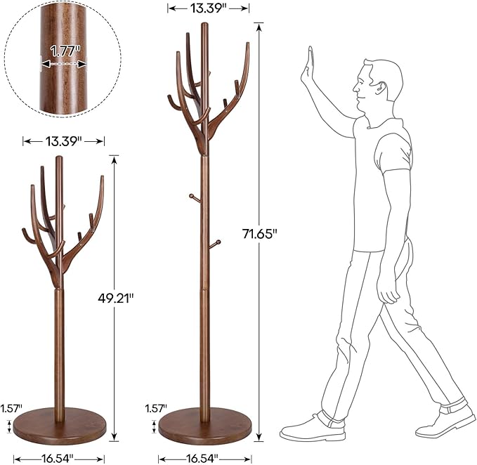 Wood Coat Rack, Coat Tree Freestanding Wooden Coat Rack Stand with 12 Hooks, Heavy Duty Hall Tree Coat Hat Stand with Sturdy Base, Free Standing Coat Racks for Entryway, Bedroom, Brown-DeskLoop Office