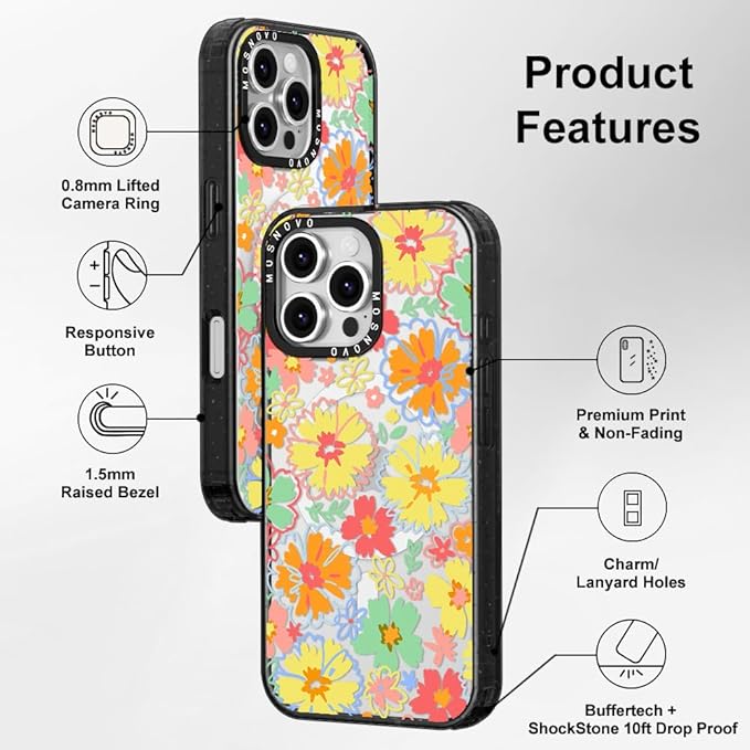 MOSNOVO Magnetic Case for iPhone 16 Pro Max, 10ft Military-Grade Protection, Compatible with Magsafe, Shockproof Phone Case for iPhone 16 Pro Max - Retro Boho Hippie Flowers - Clear Black-DeskLoop Office