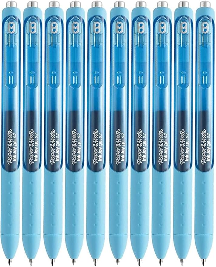 Paper Mate InkJoy Gel Pens, Bright Blue Ink, Medium Point (0.7mm), 10 Count, Bundle with Plastic Reusable Pouch-DeskLoop Office