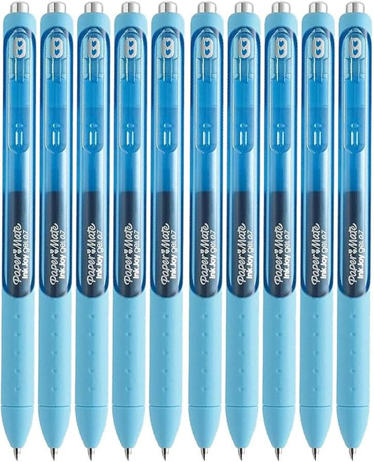 Paper Mate InkJoy Gel Pens, Bright Blue Ink, Medium Point (0.7mm), 10 Count, Bundle with Plastic Reusable Pouch-DeskLoop Office