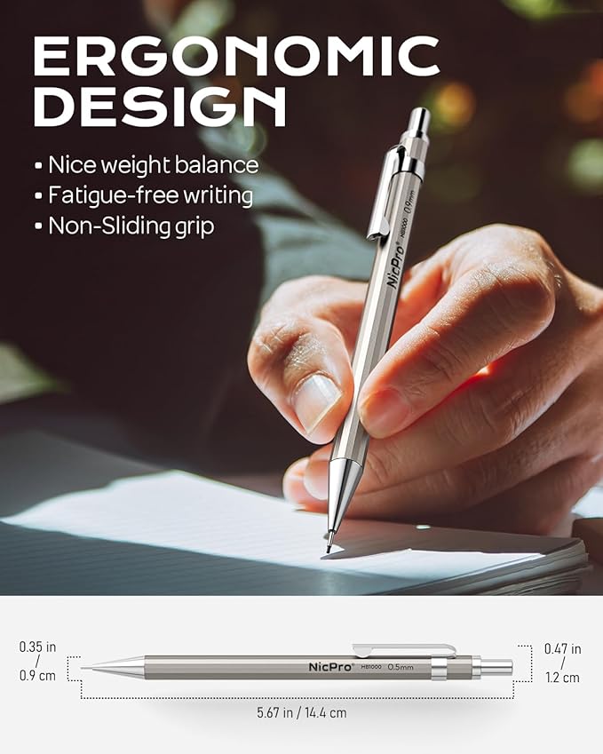 Nicpro 2 PCS 0.9 mm Metal Mechanical Pencils Set, Drafting Pencil for Artist Writing, Sketching, Drawing, with 4 Tubes HB Lead Refill & Erasers, Erasers Refills & Storage Case-DeskLoop Office