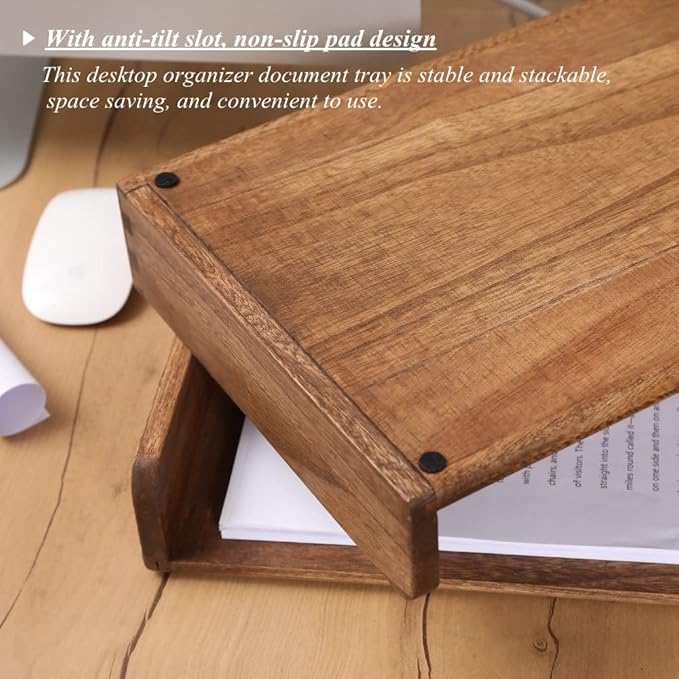 Desktop File Trays Stackable Paper Tray for Letter/A4 Size Magazine - Wood Office Document Organizer Shelf - Wooden Folder Organization Rack Desk Tray Pack of 2 Dark(2CTP-DK)-DeskLoop Office