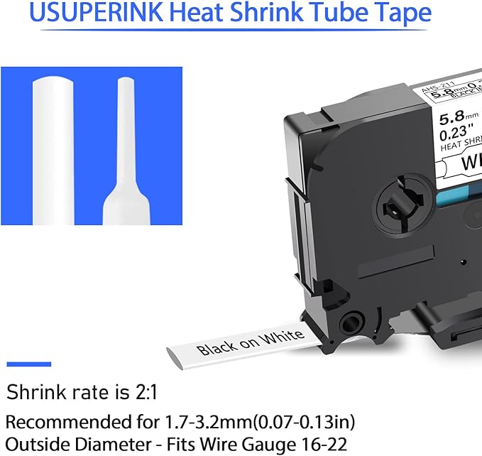 USUPERINK 5 Pack Compatible for Brother Ptouch HSe-211 HSe211 HS-211 HS211 Black on White (0.23''x 4.92ft) Heat Shrink Tube Label Tape use in PT-D400 PT-D450 PT-E300 PT-E500 H300 Label Maker-DeskLoop Office