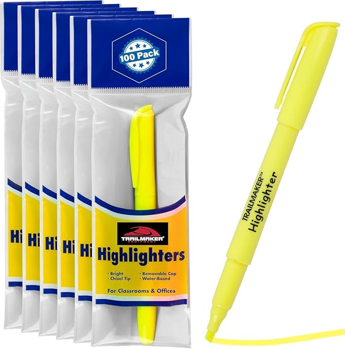 Trail maker 100 Packs of Bulk Yellow Highlighters in Bulk | Bright Wholesale Highlighters for Classrooms, School Kids, Teachers, Office Supplies-DeskLoop Office