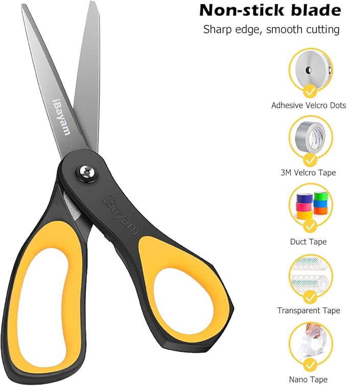 Scissors, iBayam 3 Pack 8" All Purpose Nonstick Scissors, 2.5MM Thickness Titanium Blades with Comfort Grip, Heavy Duty Shears for Office School Home Classroom General Use Art and Craft DIY Supplies-DeskLoop Office