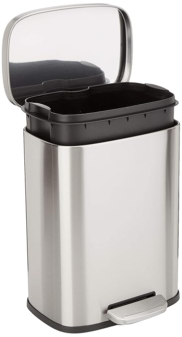 Amazon Basics Smudge Resistant Small Rectangular Trash Can With Soft-Close Foot Pedal, Brushed Stainless Steel, 12 Liter/3.1 Gallon, Satin Nickel Finish, 11.3"L x 9.9"W x 15.1"H-DeskLoop Office