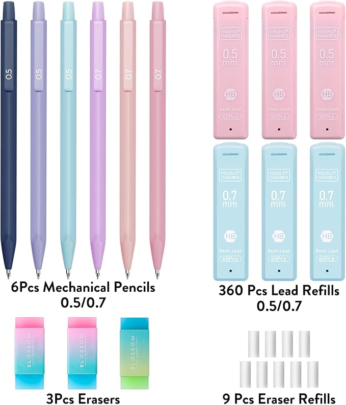 Four Candies Cute Mechanical Pencil Set, 6PCS Pastel Mechanical Pencils 0.5 & 0.7mm with 360PCS HB Leads, 3PCS Erasers and 9PCS Eraser Refills, Aesthetic School Supplies for Girls Writing-DeskLoop Office