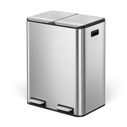 Cesun Kitchen Trash Can, 8 + 8 Gallon Dual Trash and Recycle Bin Combo, 2 Compartment Stainless Steel Kitchen Garbage Can with Lid, Removable Inner Buckets, Soft Close, Odor Filter, 30L+30L-DeskLoop Office