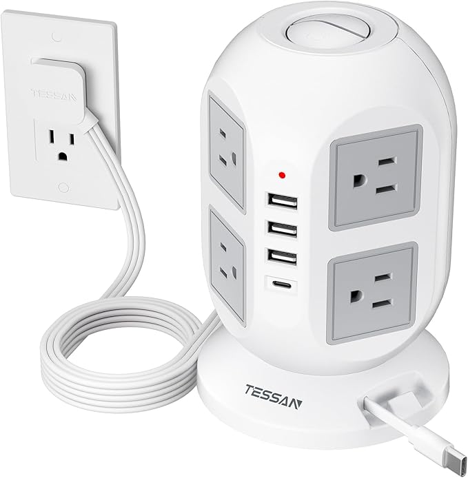Tower Power Strip Surge Protector 10 Ft, TESSAN Flat Plug Extension Cord with Multiple Outlets, 8 AC Outlets, 4 USB Ports, 1 Built-in USB Cable, Desk Charging Station for Home Dorm Office-DeskLoop Office