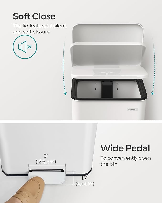 SONGMICS Kitchen Trash Can, 10.5 Gallon (40 L) Garbage Can, Large Step Trash Bin with Lid, Stainless Steel, Soft Close, 15 Trash Bags Included, White ULTB540W40-DeskLoop Office