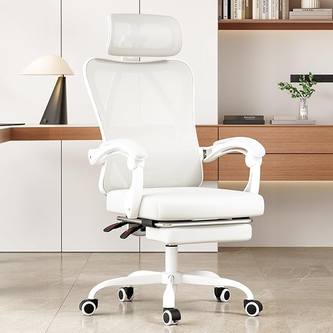 Farini Ergonomic Office Chair with Footrest, Mesh Office Desk Chair with Headrest, High Back Computer Chair with Adjustable Lumbar Support for Home Office Study Room Bedroom, White & Beige-DeskLoop Office