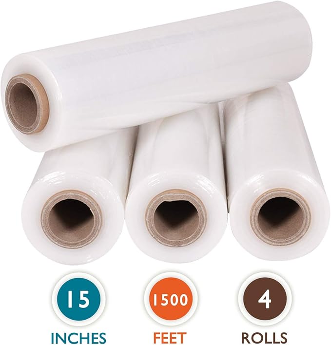 PackageZoom 4 Rolls 18" x 1500 Ft Stretch Wrap Heavy Duty, Industrial Strength Shrink Wrap, 55 Gauge High Performance Stretch Film Replaces 80 Gauge Low Films, Clear Hand Stretch Wrap-DeskLoop Office