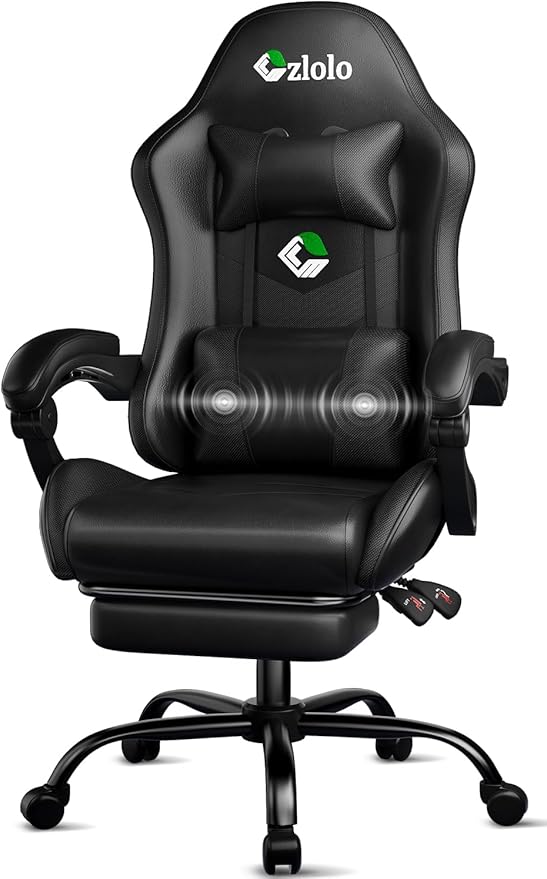 Gaming Chair, Ergonomic Office Computer Chair with Footrest and Lumbar Support Massager Racing Style High Back Video Gamer Chair, Wide&Thick Cushion, 90°-135° Recline, Adjustable Height, Black-DeskLoop Office