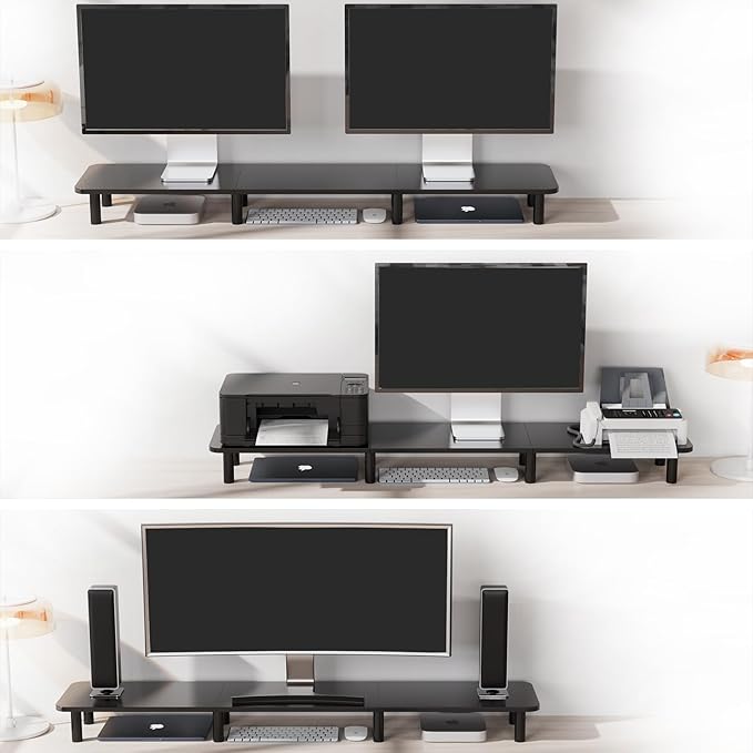 43.7" Extra Long Dual Monitor Stand Riser, Wood & Steel Monitor Stand for 2 Monitors, Wide TV Stand, Desktop Riser for Desk Organization, Home Office,Laptop,Printer,TV (Black)-DeskLoop Office
