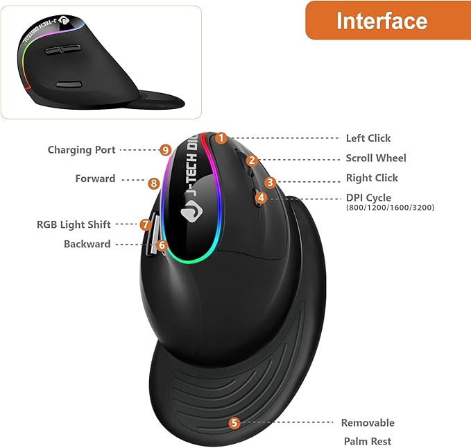 J-Tech Digital Ergonomic Mouse with Wireless Connection, Removable Palm Rest, Thumb Buttons, Rechargeable Battery, 800 DPI, Compatible with Windows and MAC OS-DeskLoop Office