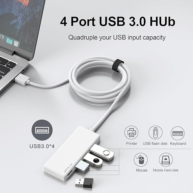USB Hub, Multiport USB Splitter Adapter, 2 ft Long Cable USB 3.0 Hub, USB Extender for Laptop, PC, iMac, Surface Pro, MacBook, Mac Pro, Flash Drive, XPS, Mouse, HDD【White】-DeskLoop Office