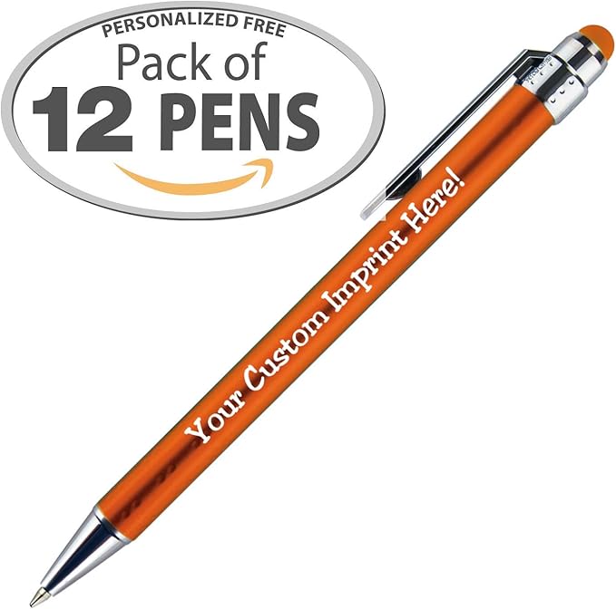 Personalized Pens with Stylus Tip -Bright Vibes- Click action - Custom - Black writing - Printed Name pens - Imprinted with Your Logo or Message - FREE PERSONALIZATION - 12 Pens/Box (Orange)-DeskLoop Office