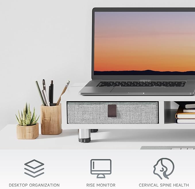 Fenge Dual Monitor Stand with 2 Drawers, 42.5 Inches Large Computer Riser for Desk, Adjustable Height Desk Shelf with Storage for Laptop, PC, TV, Printer-DeskLoop Office