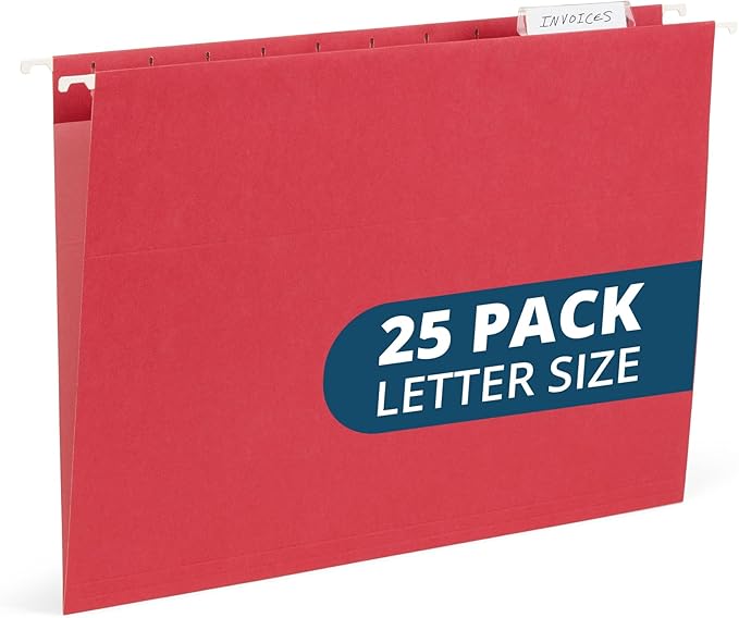 25 Blue Summit Supplies Red Hanging File Folders Letter Size – Durable 11pt Paper, Plastic Tabs and Inserts Included, Fits Standard Filing Cabinets and Desktop Organizers-DeskLoop Office