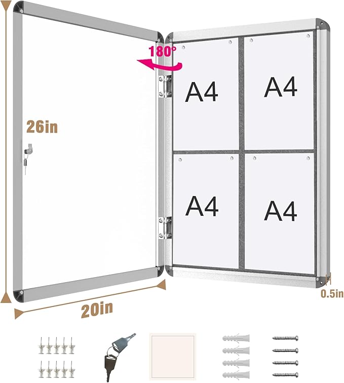 26"x20" Enclosed Bulletin Board, Lockable Weather-Resistant Aluminum Cork Noticeboard for School & Office, Silver Frame w/Grey Flet-DeskLoop Office