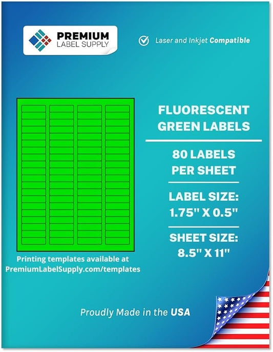 Premium Label Supply Bright Neon Color Fluorescent Sticker Labels - 1.75" x 0.5" Return Address Labels - (Fluorescent Green, 8000 Labels)-DeskLoop Office