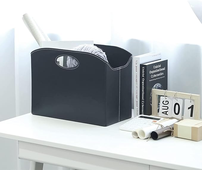 EZDeco Magazine Holder Foldable Magazine Rack Floor PU Leather File Holder Newspaper Book Storage Basket Document File Folder Organizer for Office Home (Black-2)-DeskLoop Office