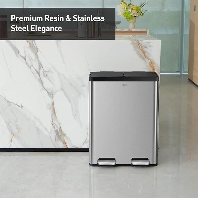 EKO Essential 8+8 Gallon Dual Trash Can, Kitchen Step Recycle Trash Can with Dual Removable Bucket, Independent Lids and Pedals, Brushed Stainless Steel-DeskLoop Office