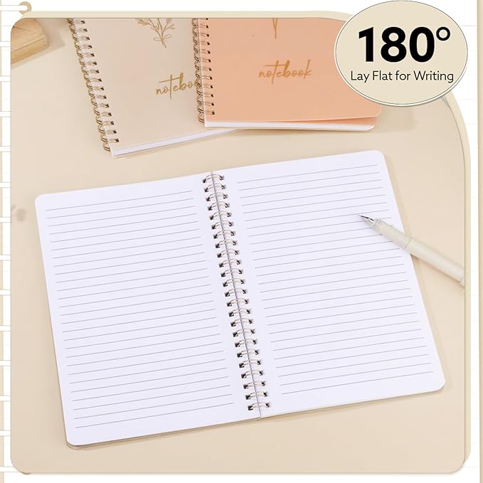 3 Pcs Spiral Notebook 5.9x8.3, 140 Pages Small Notebook for Women A5 College Ruled Journals Cute Notebooks with Large Pockets and Index Stickers for Home School Office Use(Green, Beige, Orange)-DeskLoop Office