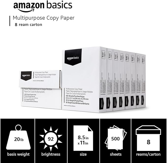 Amazon Basics Multipurpose Copy Printer Paper, 20 lb, 8.5 x 11 Inches, 8 Reams (4,000 Sheets), 92 Bright, White-DeskLoop Office