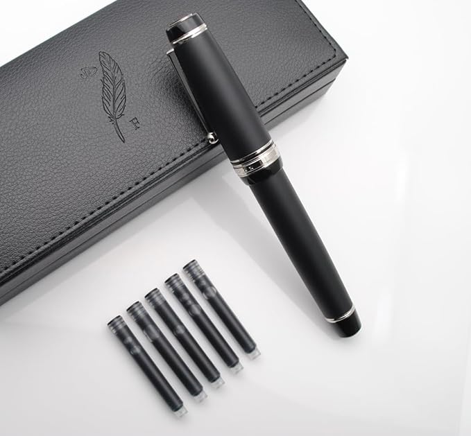 Metal Big Fountain Pen Set Medium Nib 0.7mm, Includes Ink Refill Converter, 5 Ink Cartridges & Gift Box (Medium Nib 0.7mm, Matte Black with Silvery Clip)-DeskLoop Office