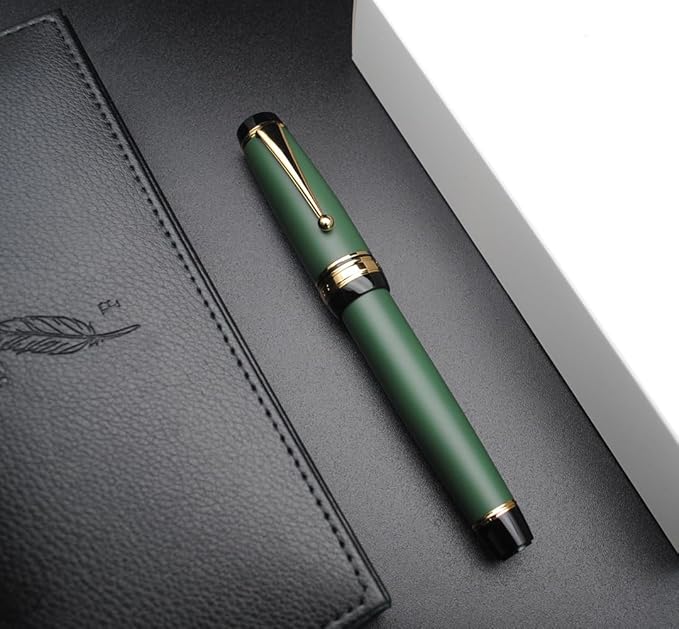 Metal Big Fountain Pen Set Medium Nib 0.7mm, Includes Ink Refill Converter, 5 Ink Cartridges & Gift Box (Medium Nib 0.7mm, Matte Green)-DeskLoop Office