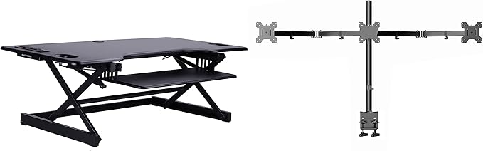 Rocelco 46" Standing Desk Converter with AC USB Charger and Triple Monitor Mount Arm - Height Adjustable Sit Stand Up Three Screen Riser Workstation - Keyboard Tray - Black (R DADRB-46-ACUSB-DM3)-DeskLoop Office