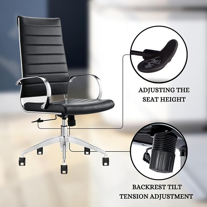 Ribbed High Back Conference Room Chairs - Lumbar Support, Modern Style Executive Chair for Home and Office - 360 Swivel Rolling Wheels - Aluminum Chrome Frame & Base - Black (Pack of 6)-DeskLoop Office