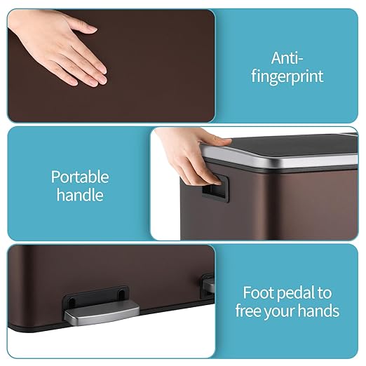 16 Gallon Rectangular Stainless Steel Trash Can, Dual Compartment Garbage Bin with Recycling Combo, Metal Dustbin Lid, Removable Liner, Indoor Hands Free Waste Bucket for Kitchen Home-DeskLoop Office