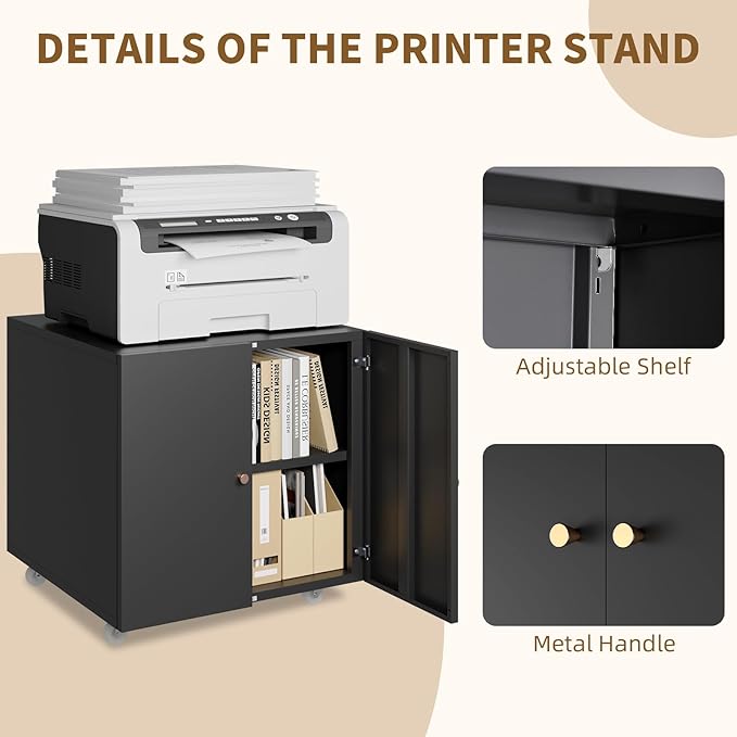 Printer Stand with Storage, 3D Heavy Duty Printer Table with Shelves, Large Printer Table for Home Office, Black Printer Stand on Wheels with Doors, Metal Fax Machine Stand for Workplace-DeskLoop Office