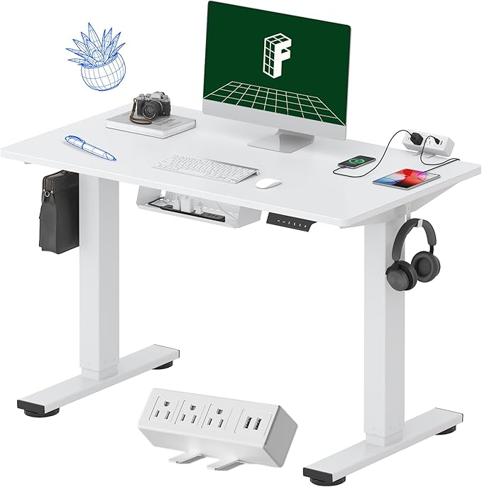 FLEXISPOT EN2 Whole-Piece Standing Desk with Clamp Power Strip, 40 x 24 Electric Stand Up Height Adjustable Desk with Cable Management (White Frame + 40" White Top)-DeskLoop Office