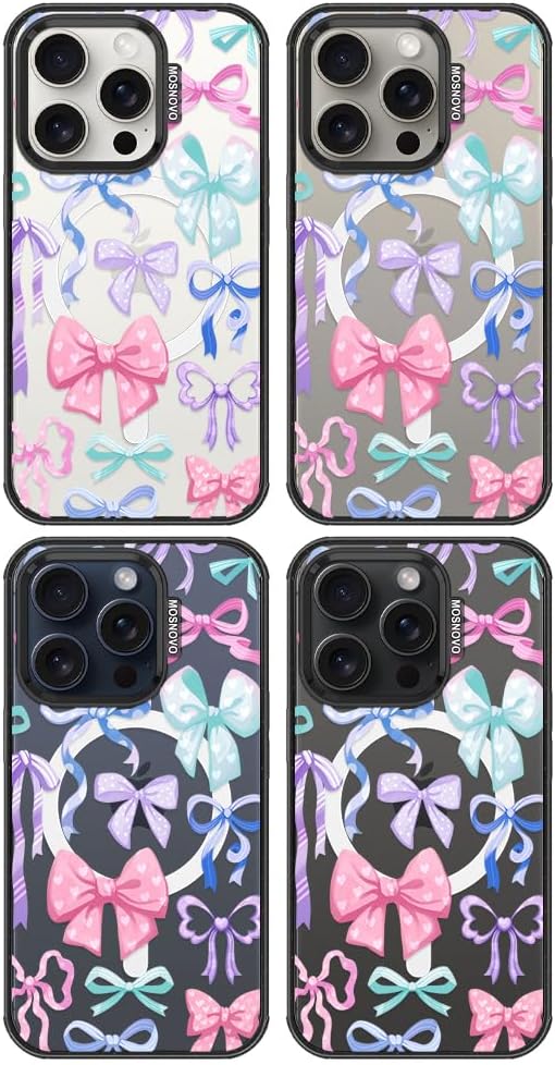 MOSNOVO Magnetic Case for iPhone 15 Pro, 10ft Military-Grade Protection, Compatible with Magsafe, Shockproof Phone Case for iPhone 15 Pro - Bows - Clear Black-DeskLoop Office