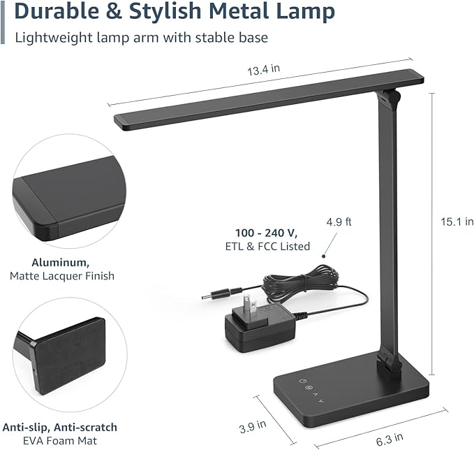 Lepro LED Desk Lamp with USB Charging Port Dimmable Home Office Touch Control Reading Table Lamp,3 Color Modes with 5 Brightness Level,College Dorm Room Essentials, Eye Caring, Sewing, Crafting, Black-DeskLoop Office