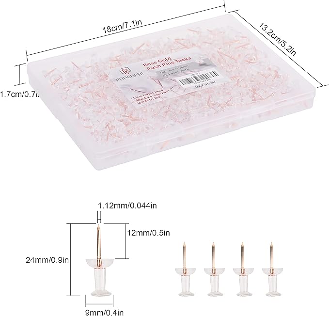 PAPERPAL 280 Rose Gold Push Pins for Cork Board, Clear Thumb Tacks for Wall Hangings, Pushpins for Office School & Personal Use, Standard Size Push Pin Tacks-DeskLoop Office