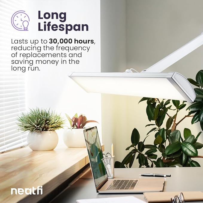 Neatfi Ultra 3,500 Lumen LED Desk Lamp, Color Correlated Temperature, 3 Light Modes, Dimmable, 45W, 26 Inch Wide Metal Shade, 540 SMD LEDs (CCT with Clamp, White)-DeskLoop Office