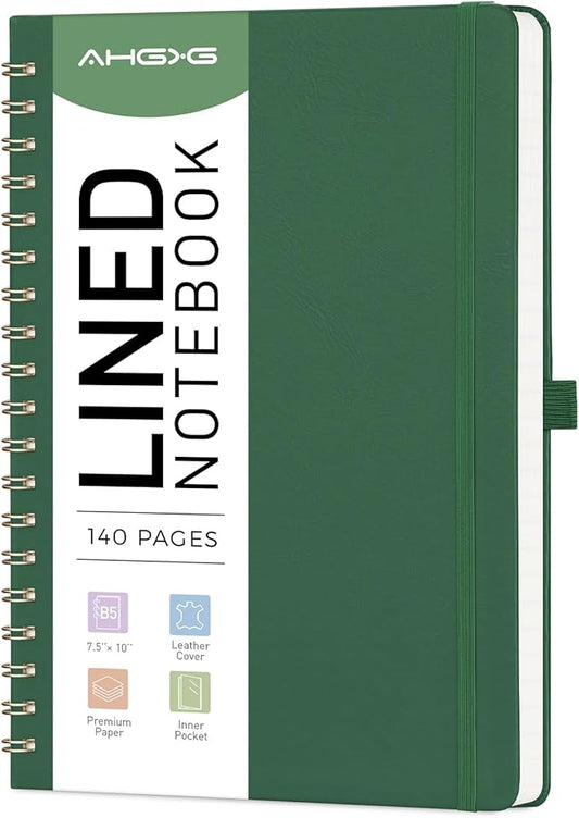 AHGXG Lined Spiral Journal Notebook, B5 Large Notebooks for Women Men, 140 Pages Hardcover Leather Notebook College Ruled, 100 GSM Paper, Notebooks for Work School Note Taking, 7.6" x 10", Green-DeskLoop Office