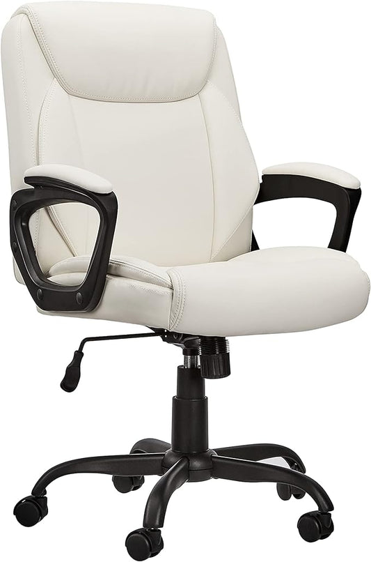 Amazon Basics Classic Puresoft PU Padded Mid-Back Height Adjustable Office Computer Desk Chair with Armrest, 26"D x 23.75"W x 42"H, Cream-DeskLoop Office