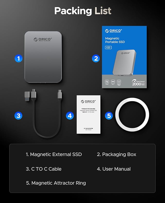 ORICO 1TB Magnetic Portable SSD, Metal Body, 4K 120 fps ProRes HDR Record and Store, Up to 460MB/s, USB C&A 2 in 1 Cable, External SSD Compatible with iPhone 16 Pro Max, Tablet, Computer - K5PLUS-DeskLoop Office